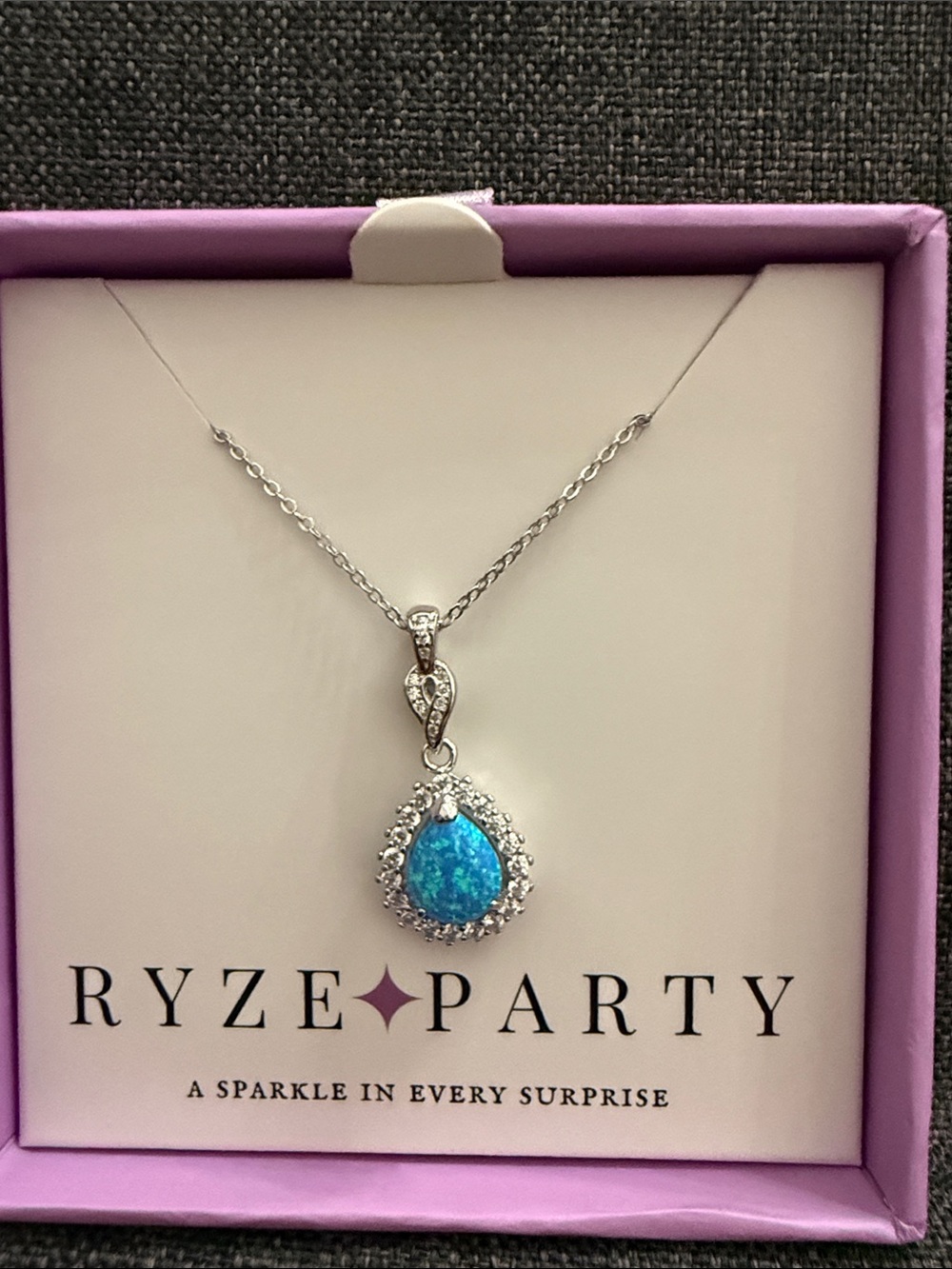 Ryze Party .925 Sterling Silver Blue Teardrop Opal Pendant Necklace - Silver